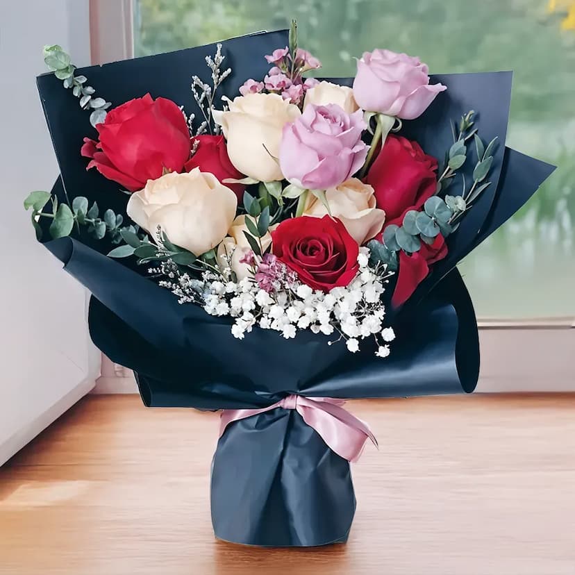 red, pink and white roses bouquet