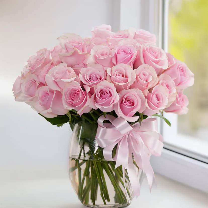 Pink Roses in Glass Vase