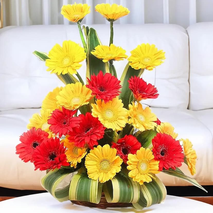 21 yellow and red gerberas in a basket