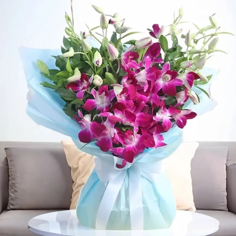 7 purple orchids bouquet