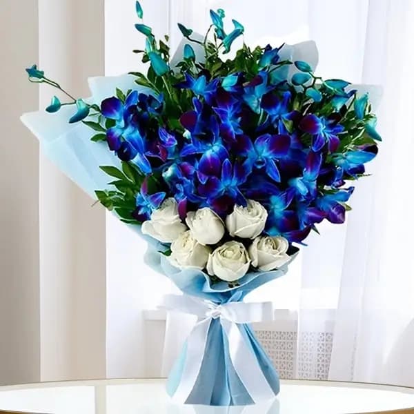 7 blue orchids and 7 white roses bouquet