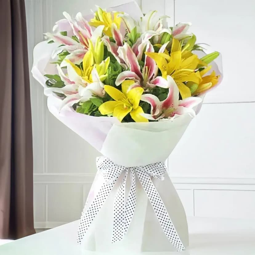 3 yellow Lilies and 3 pink lilies Bouquet