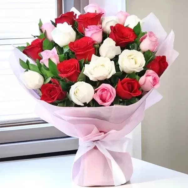 25 white,red and pink roses bouquet