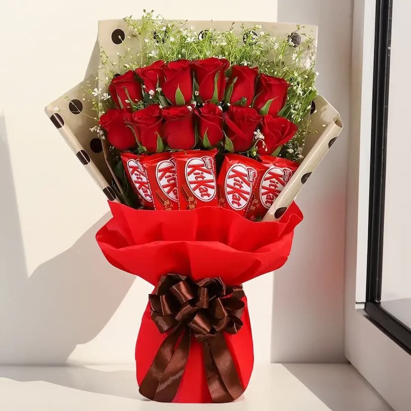 12 red roses and 5 kitkat bouquet