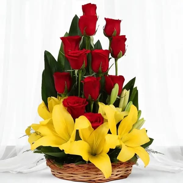 Red Roses & Yellow Lilies in a Basket