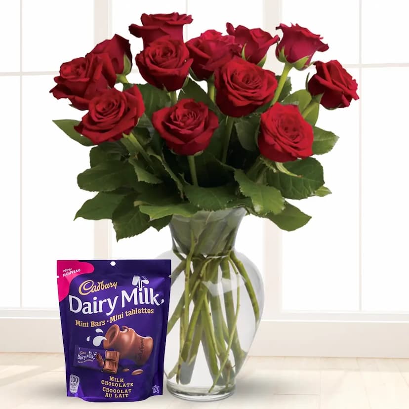 Red Roses in Vase and Chocolate