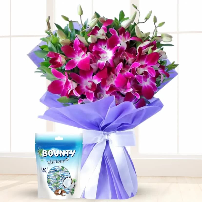 6 purple orchids bouquet with bounty mini chocolate