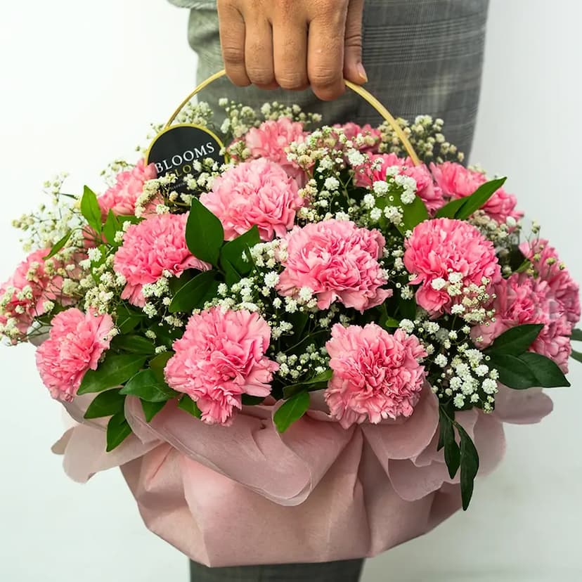 20 pink carnations in a basket