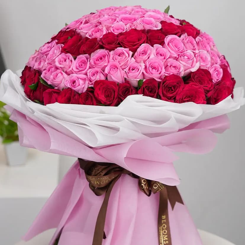 75 red and 25 pink roses bouquet