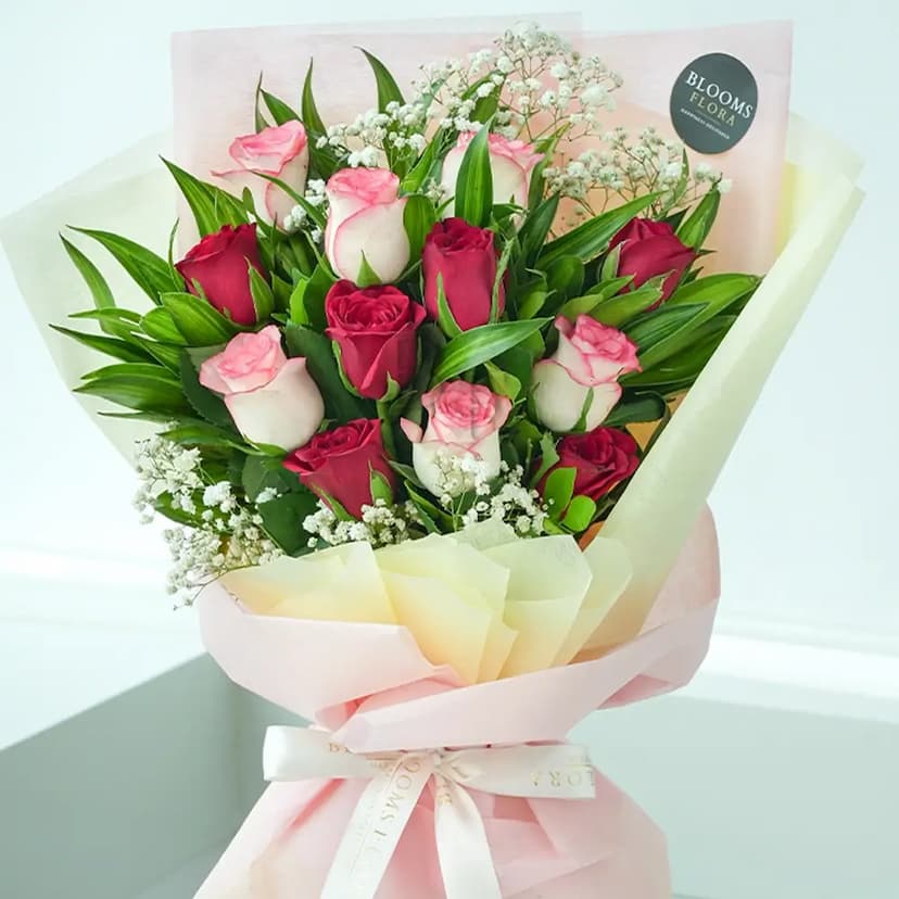 6 red and 6 pink roses bouquet