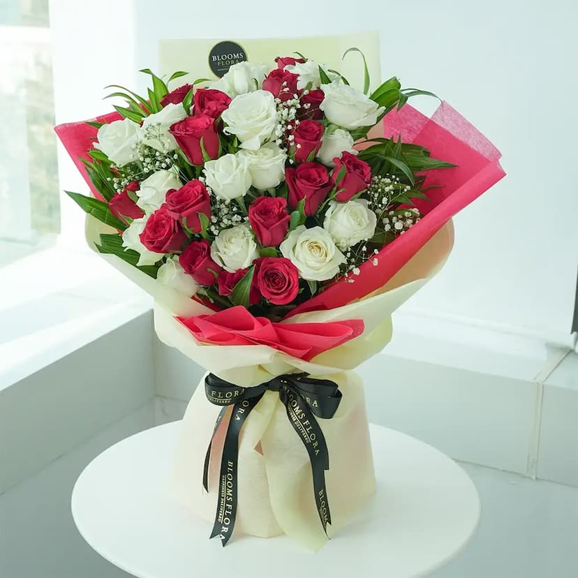 30 red and white roses bouquet