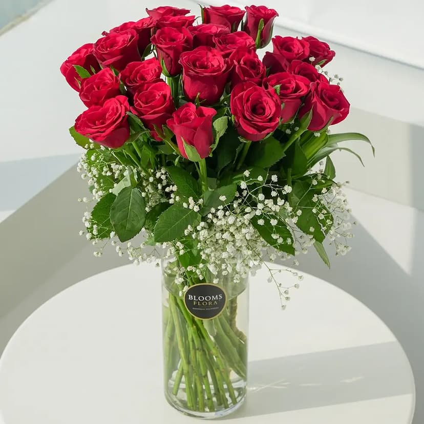 21 red roses in a vase