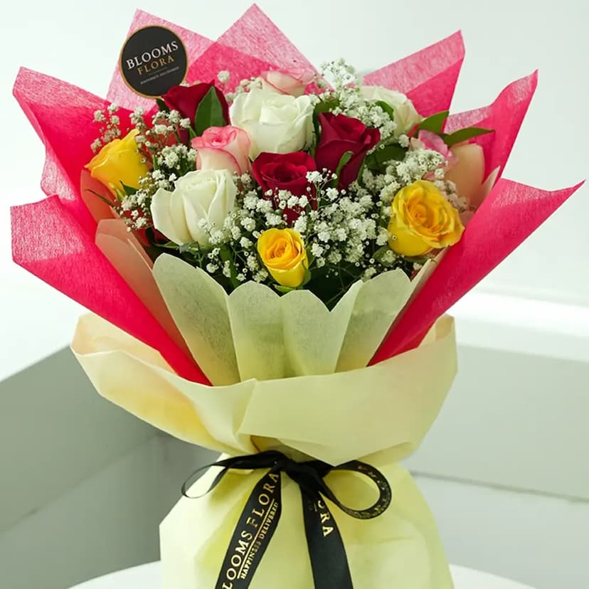 12 colourful mix roses bouquet