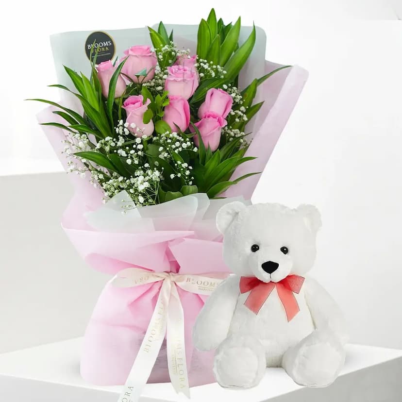 8 pink roses bouquet with 6 inche white teddy bear