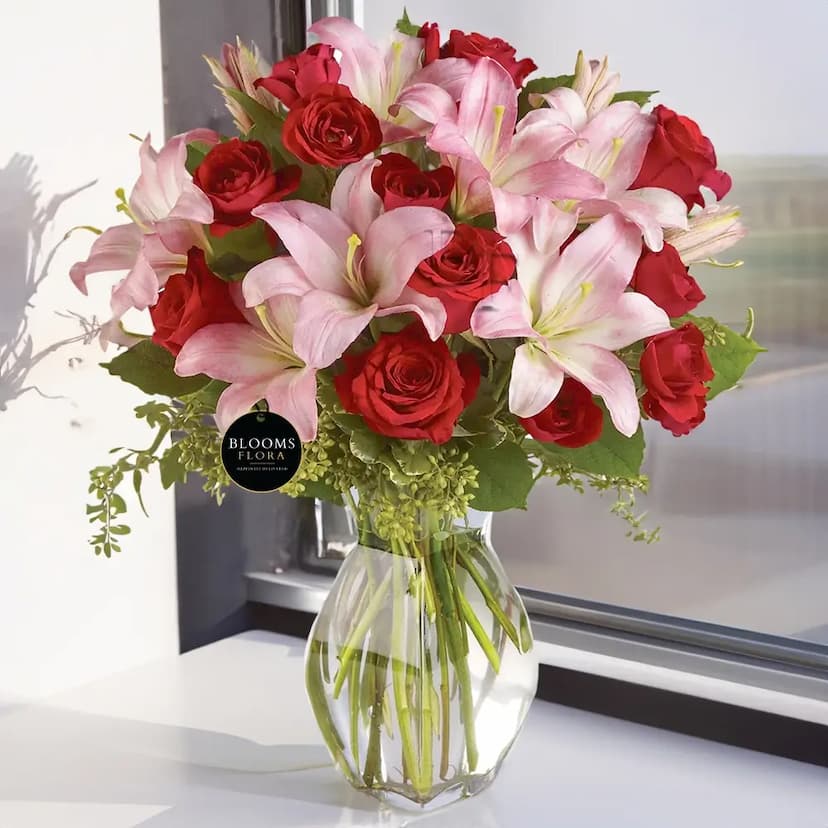 Pink Lilies & Red Roses in a Vase