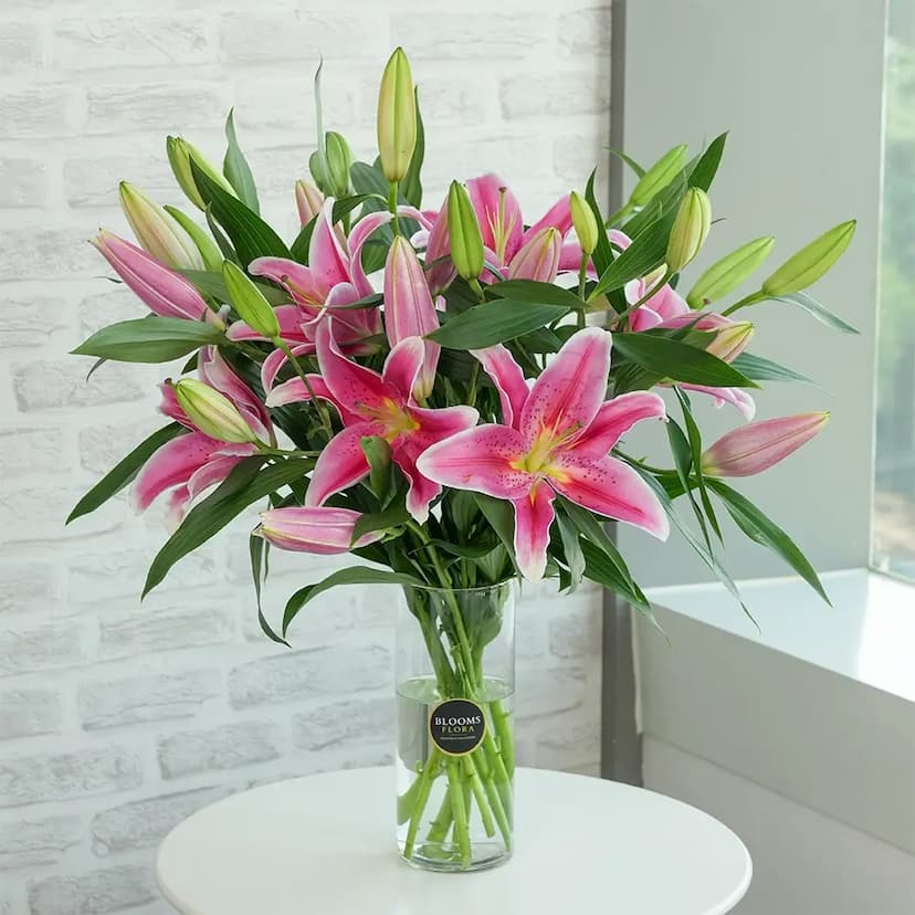 7 pink lilies in a vase