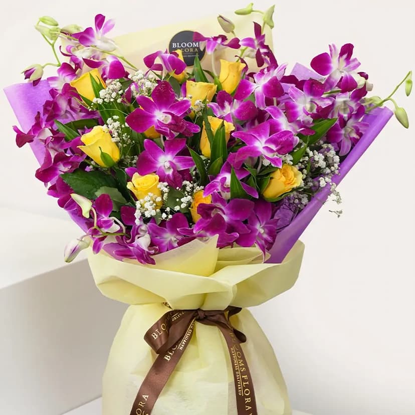 5 yellow roses and 5 purple orchid bouquet