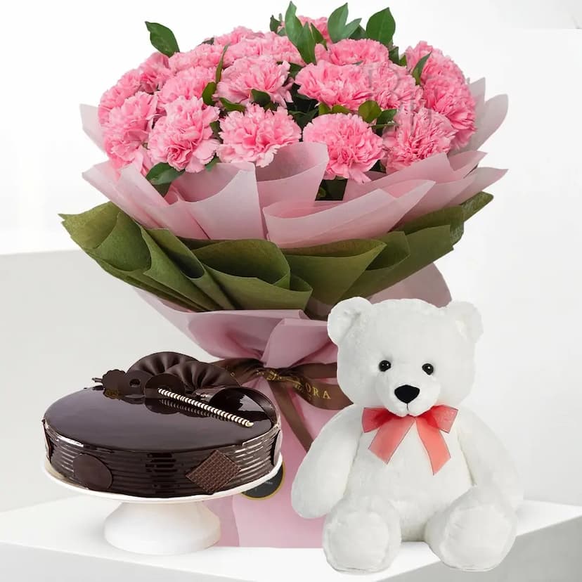 Bouquet of Carnations, Cake & Teddy