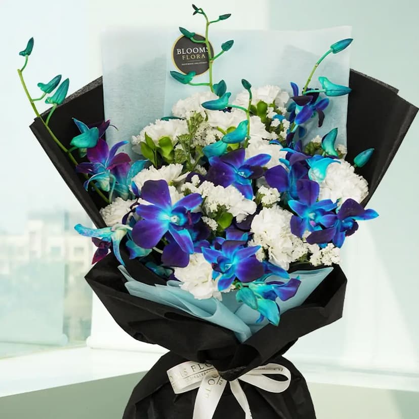 bouquet of 5 blue orchids and 12 white carnations