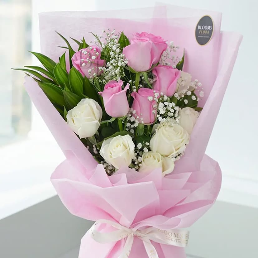 bouquet of 6 pink and 6 white roses