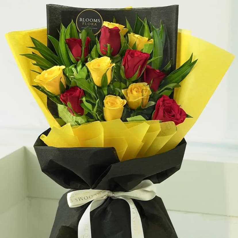 12 red and yellow roses bouquet