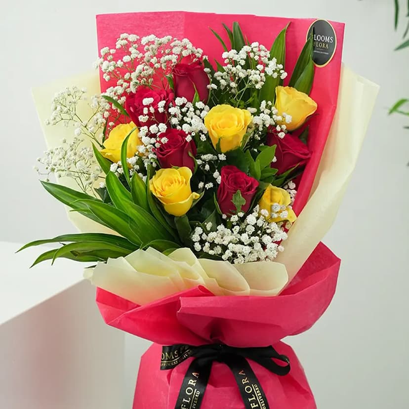 10 yellow and red roses bouquet