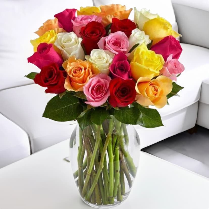 20 mixed roses in a glass vase