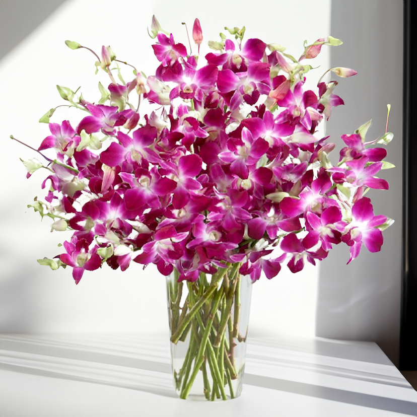 15 purple orchids in a vase