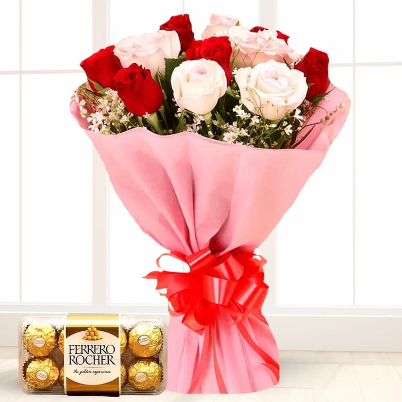 12 red and white roses bouquet with ferrero rocher chocolate