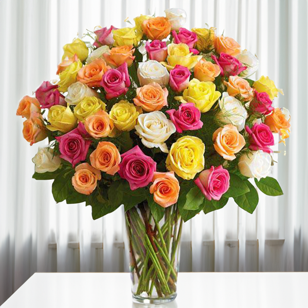 50 pink,white,yellow,orange and red roses in a vase