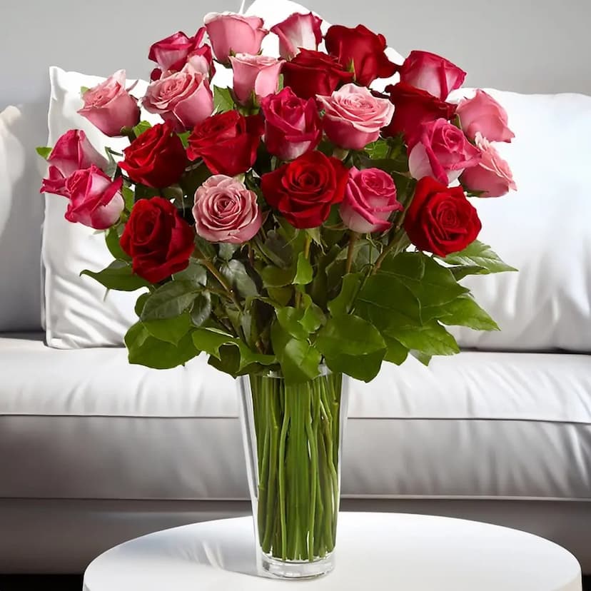 21 red and pink roses in vase