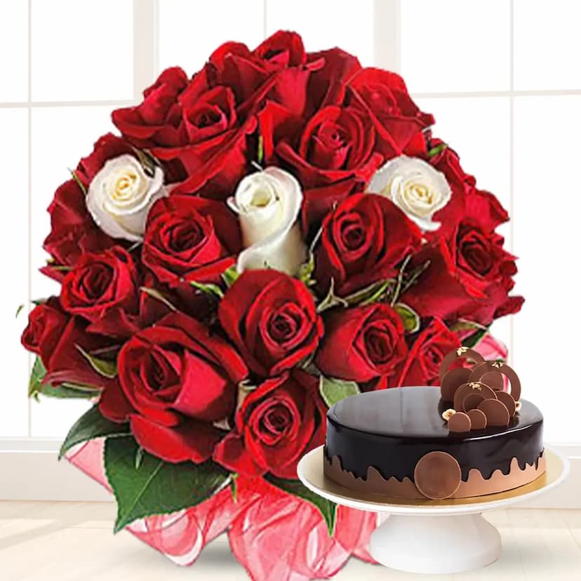 18 red roses and 3 white roses with half kg chocolate cake