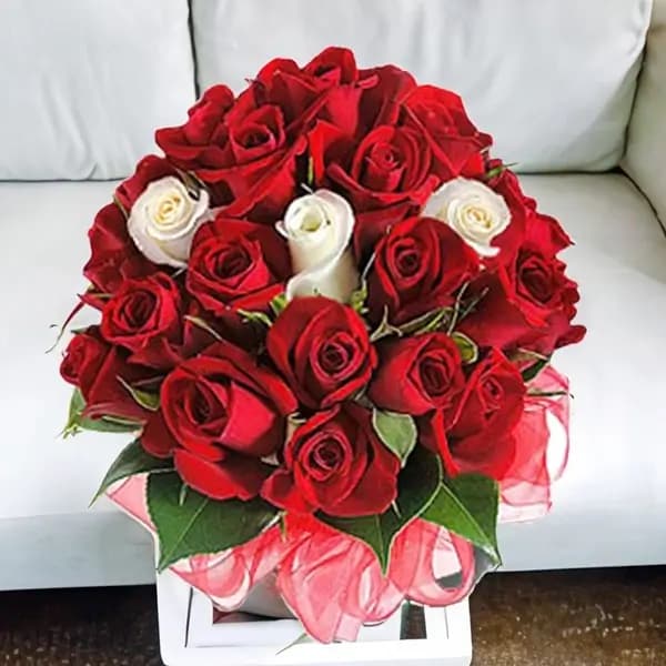 18 red and 3 white roses