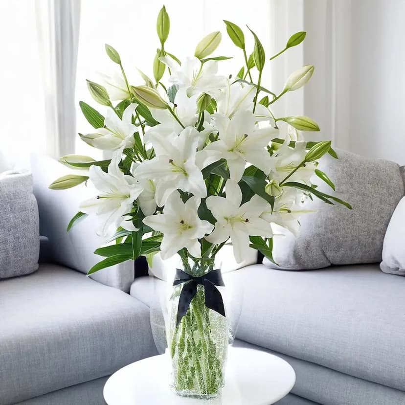 4 white lilies in a glass vase