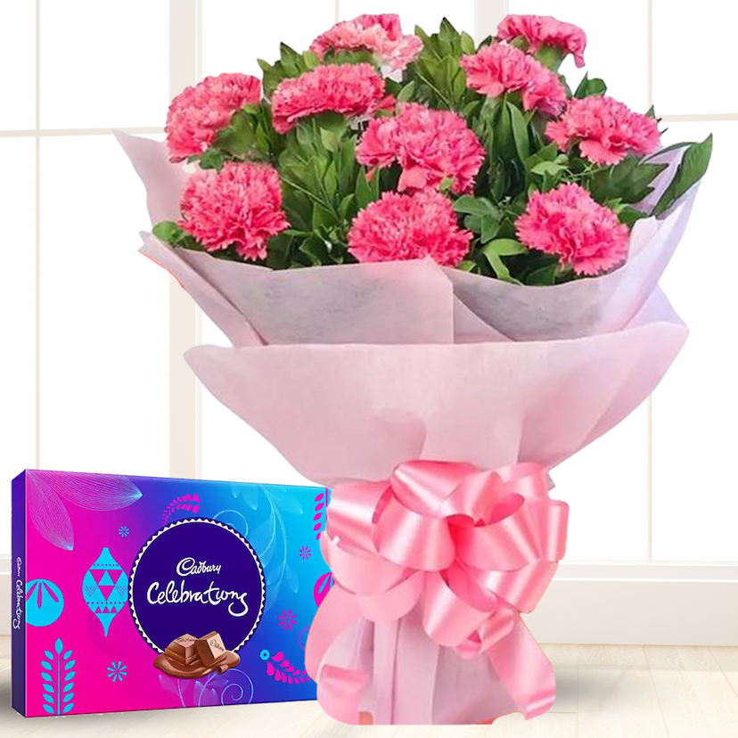 10 pink carnations bouquet with cadbury celebration box