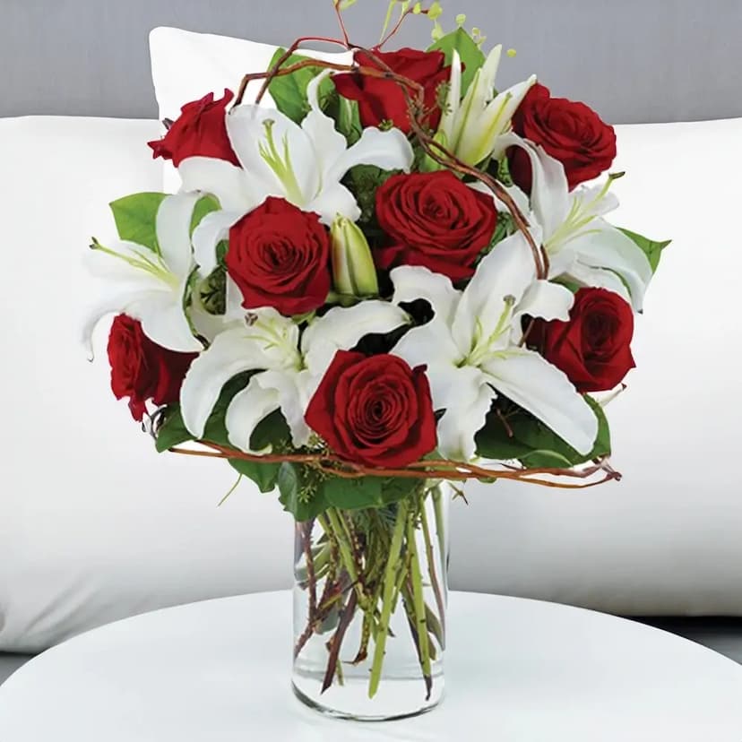 White Lilies & Roses in a Glass Vase