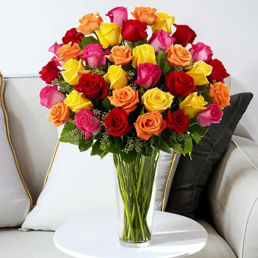 50 mixed roses in a vase