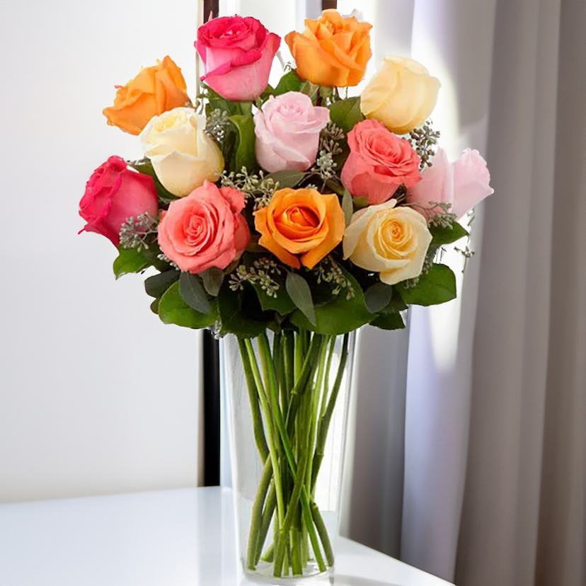 Glass Vase of Mixed Roses