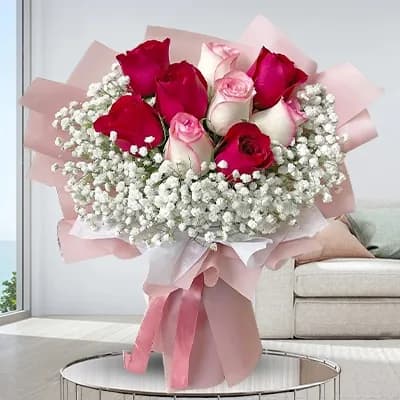 Bouquet of 9 Red & Pink Roses