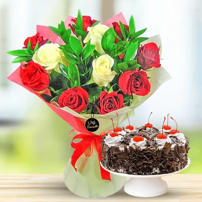 Red & White Rose Bouquet & Cake