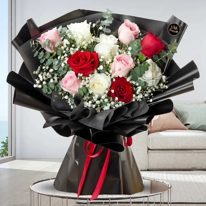 Red, White & Pink Roses Bouquet