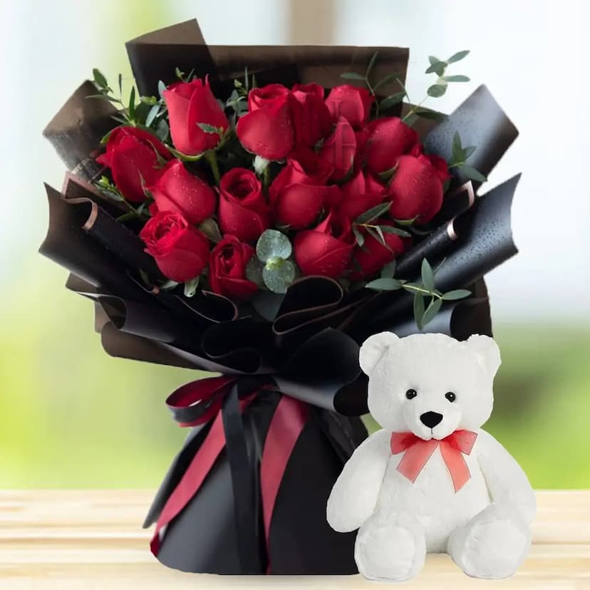 Bouquet of Red Roses with Teddy