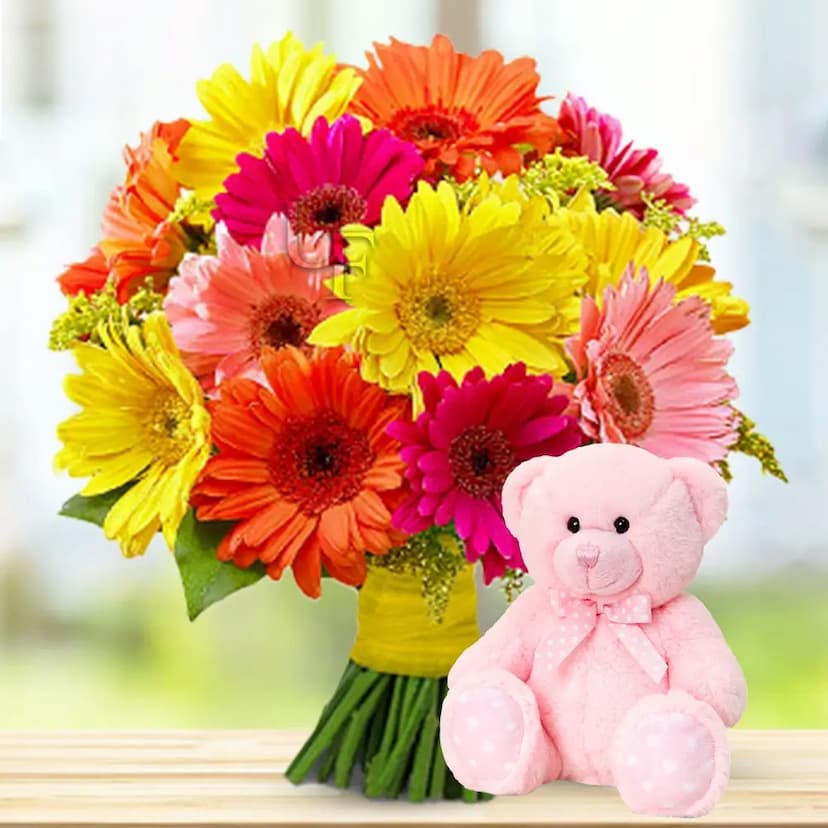 Bunch of Mixed Gerbera and Teddy