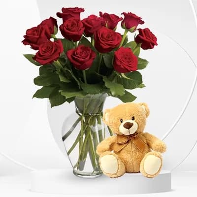 12 Roses in Vase with Teddy