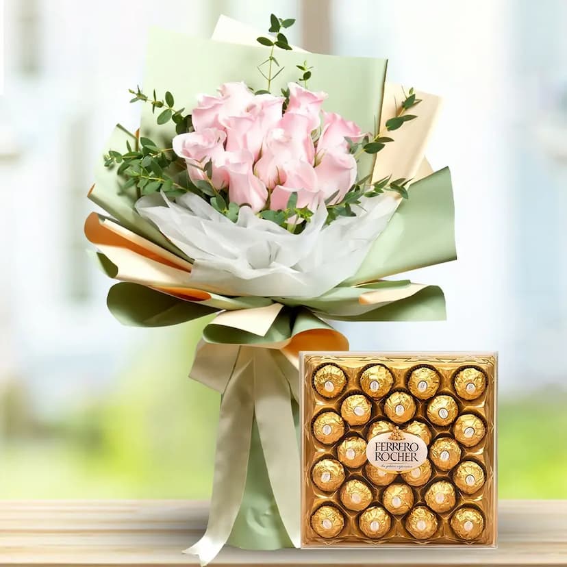 Bouquet of Pink Roses with Chocolate