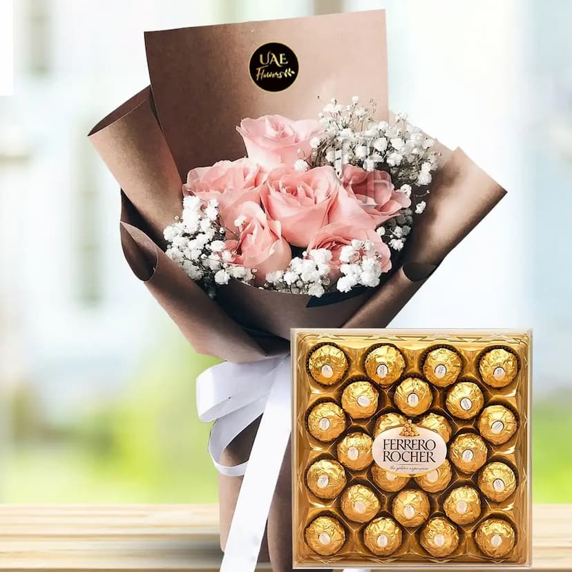 Peach Roses Bouquet with Ferrero Rocher