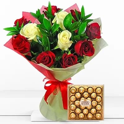 Bouquet of 12 Roses with Chocolate Box