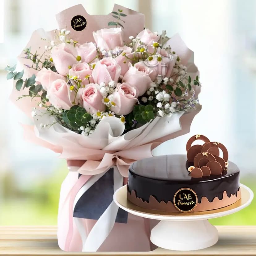 Pink Roses Bouquet with Cake