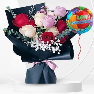 Bouquet Of Mix Color Roses & Foil Balloon