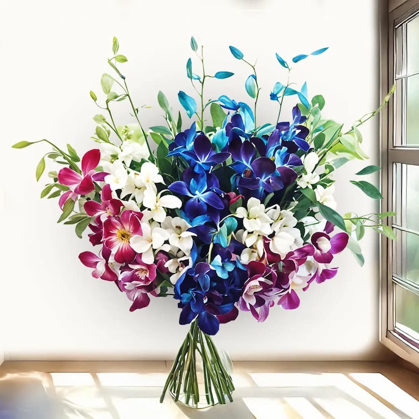 12 mixed color orchids bouquet